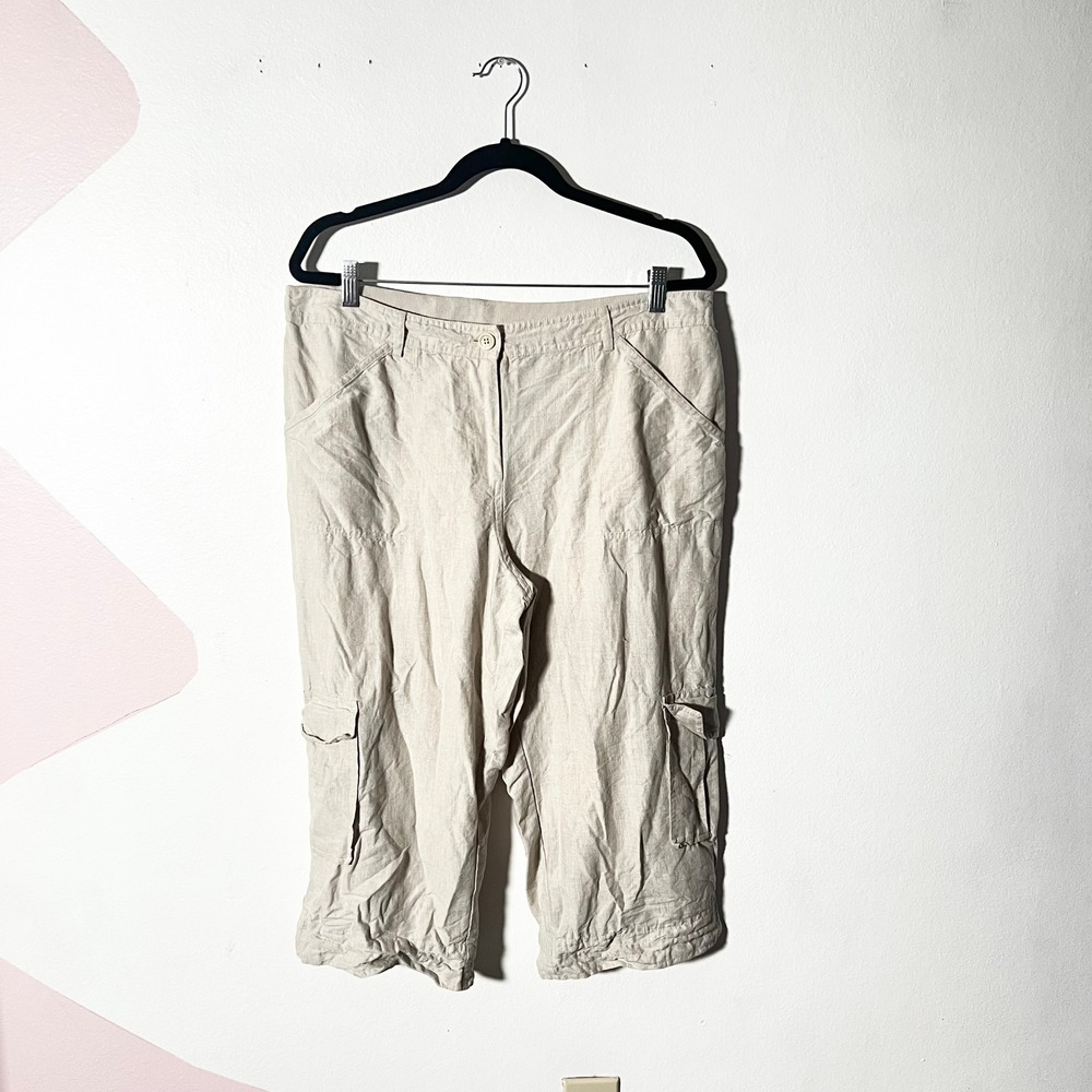 Chico's 100% Linen Pants Size 3 XL Beige Cargo Cropped Coastal